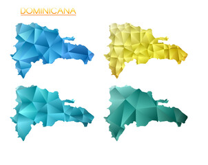 Set of vector polygonal maps of Dominicana. Bright gradient map of country in low poly style. Multicolored Dominicana map in geometric style for your infographics. Authentic vector illustration. - obrazy, fototapety, plakaty