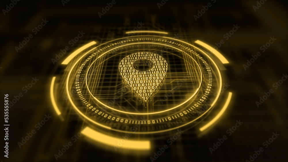 Poster close up of laptop with creative glowing map pin icon on blurry background with digital circuit. int