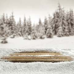 Desk of free space and winter landscape. 