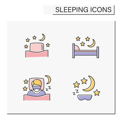 Sleeping color icons set. Nighttime with moon, stars and cloud. Dreaming. Sleep in comfortable bed. Deep resting concept. Isolated vector illustrations