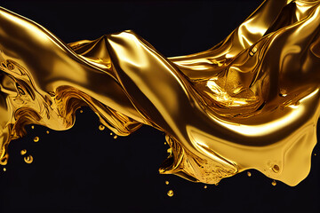 3D rendering, golden liquid, metallic moving liquid spray, heart shaped gel, golden splash clip...