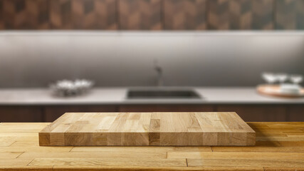 Desk of free space and kitchen interior. 