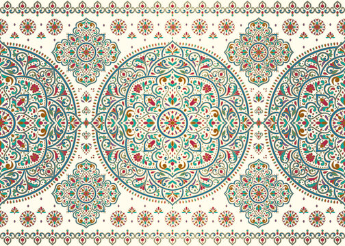 Blue, green and red Turkish seamless pattern with luxury floral ornament. Traditional Arabic, Indian motifs. Great for fabric and textile, wallpaper, packaging or any desired idea.
