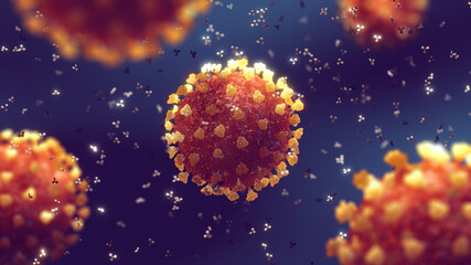 Fototapeta na wymiar Immune system's response - antibodies (immunoglobulin) attacking and neutralizing coronavirus. The coronavirus (SARS-COV-2) is a highly infectious virus that causes severe acute respiratory syndrome
