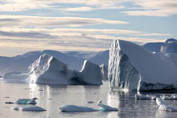 Icebergs in Uummannaq fjord seen from Uummannaq village, Greenland, Denmark  