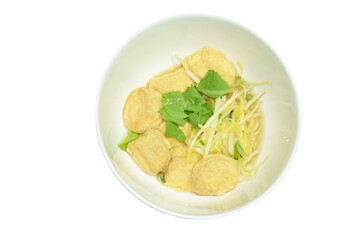fried white garlic chive with slice yellow egg tofu and chop pork on bowl
