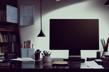Illustration of a cluttered office. Landscape with desktop PCs.