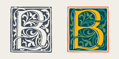B letter logo in medieval gothic style. Set of dim colored and monochrome grunge style emblems.