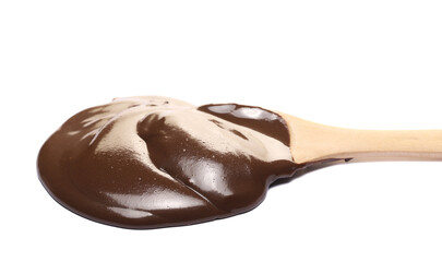 Sesame butter with cocoa, tahini in wooden spoon paste isolated on white  