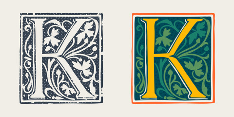 K letter logo in medieval gothic style. Set of dim colored and monochrome grunge style emblems.