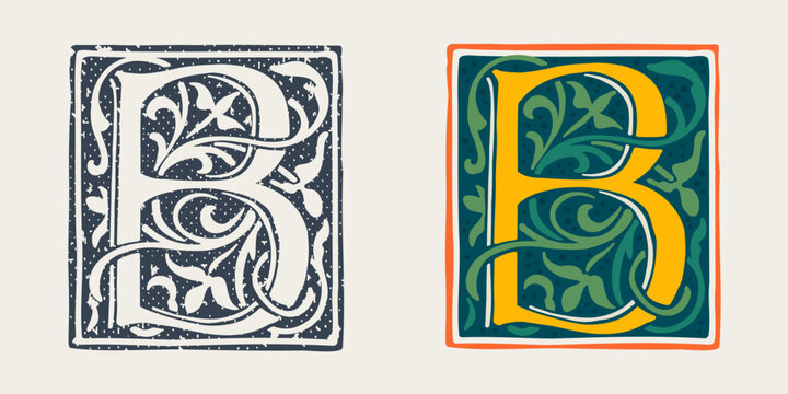 B letter logo in medieval gothic style. Set of dim colored and monochrome grunge style emblems.