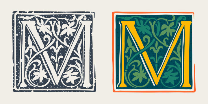 M letter logo in medieval gothic style. Set of dim colored and monochrome grunge style emblems.