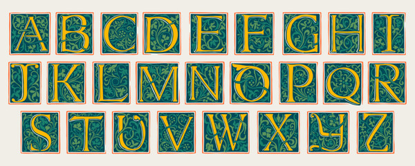 Alphabet in medieval gothic style. Set of dim colored emblems.