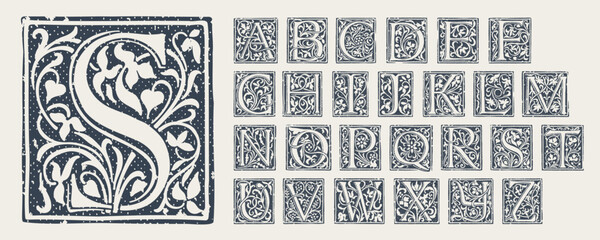 Alphabet in medieval gothic style. Set of monochrome grunge style emblems. - obrazy, fototapety, plakaty
