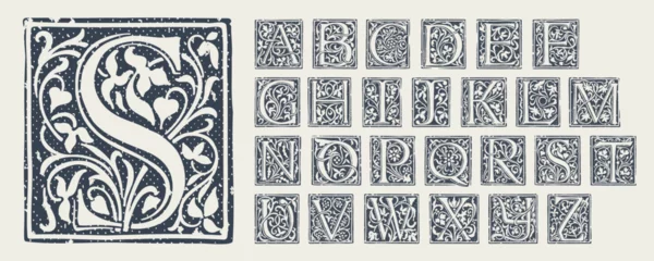 Foto op Plexiglas Alphabet in medieval gothic style. Set of monochrome grunge style emblems. © kaer_fstock
