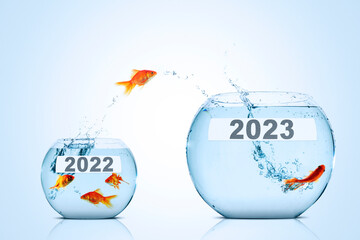 Golden fish leaping to aquarium with numbers 2023