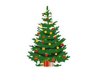 A beautiful decorated Christmas tree isolated on a white background. Flat style vector illustration