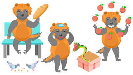 Set Abstract Collection Flat Cartoon Different Animal Wolverines Feeding Pigeons Bread, Scared Of The Snake, Juggling With Apples Vector Design Style Elements Fauna Wildlife