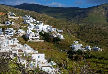 Dramatic view of the town of Chora in Serifos island, Greece under cloudy sky
