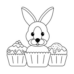 Rabbit and cupcakes coloring book for kids. The symbol of 2023. Vector illustration