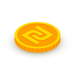 Isometric gold coin icon with Shekel sign. 3d Cash, Israeli Shekel currency, Game coin, banking or casino money symbol for web, apps, design. ILS currency exchange vector icon - obrazy, fototapety, plakaty
