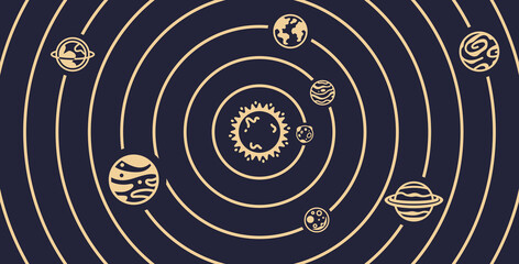 Solar system. Planets set. Planet Earth and sun icon. Space background. World symbol. Vector eps10 illustration. Flat design. Line art. Simple minimalystic design. Silhouette isolated. Icons set. © Ihor