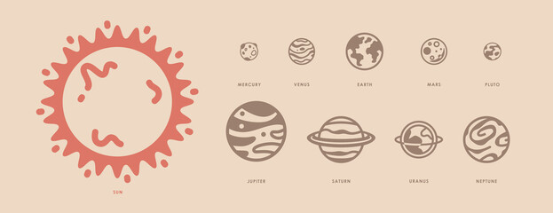 Solar system. Planets set. Planet Earth and sun icon. Space background. World symbol. Vector eps10 illustration. Flat design. Line art. Simple minimalystic design. Silhouette isolated. Icons set.