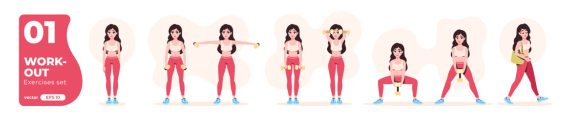 Sport exercises set. Workout and gym. Body health, healthy lifestyle. Woman doing fitness activities and yoga. Flat style. Modern design. Cute pretty female character. Vector illustration eps10.