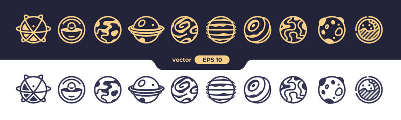 Abstract planets set. Planet Earth and sun icon. Space background. World symbol. Vector eps10 illustration. Flat design. Line art. Simple minimalystic design. Silhouette isolated. Icons set. © Ihor