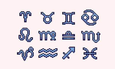 Zodiac symbols pixel art set. Horoscope collection. Astrology signs 8 bit sprite. Game development, mobile app.  Isolated vector illustration.