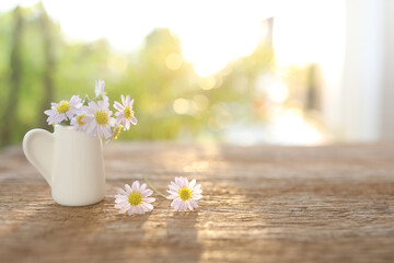 Fototapeta na wymiar Paris daisy flower in white vase on wooden table under sunlight