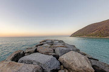 View out over a breakwater to the ocean