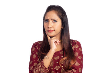 Indian young woman thinking isolated on white.