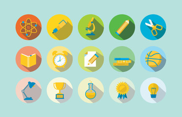 Colored icon set of vector icons in the circle with light blue background.