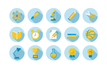 Colored vector set of icons on blue circle with white background.