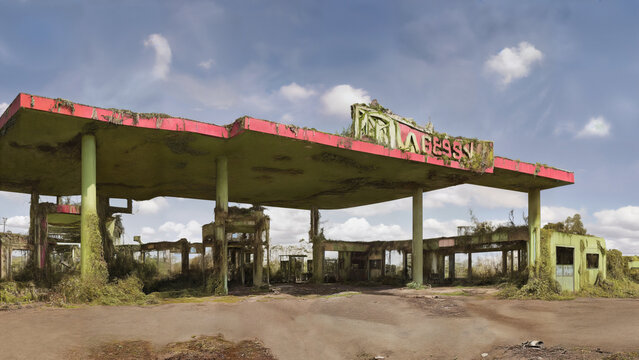 abandoned gas station, post-apocalyptic overgrown ruin