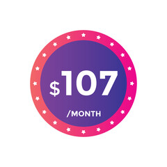 $107 USD Dollar Month sale promotion Banner. Special offer, 107 dollar month price tag, shop now button. Business or shopping promotion marketing concept
