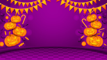 Halloween background template with jack o lantern and candy vector, halloween 2022 backdrop for sale promotion, banner, poster, social media, feed, invitation, event, wallpaper in purple color