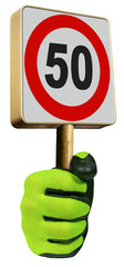Hand with protective work glove, holding a modern Road Sign Speed Limit 50 Kmh (kilometers per...