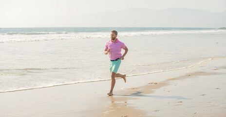 Fototapeta na wymiar healthy man running on beach. energetic summer. runner feel freedom. enjoying the morning.