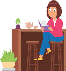 Woman read book on breakfast. Cartoon person leisure time