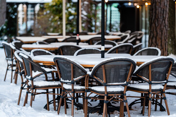 outdoor restaurant terrace covered with snow