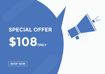 $108 USD Dollar Month sale promotion Banner. Special offer, 108 dollar month price tag, shop now button. Business or shopping promotion marketing concept

