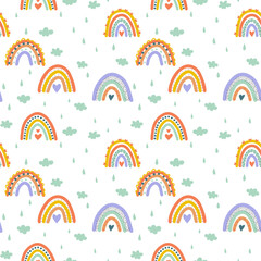 Hand drawn vector abstract doodle patterns. Creative kids texture for fabric, wrapping, textile, wallpaper, apparel. Rainbow, stripes, dots, rain drops, brush strokes.
