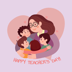 Happy teacher's day poster.The first teacher enveloped the children with love, care and understanding. Vector flat illustration creative graphic design 