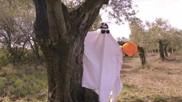 Halloween holiday outdoors ghost in a suit with sheets and glasses with an orange balloon. A Halloween ghost peeks out from behind a tree
