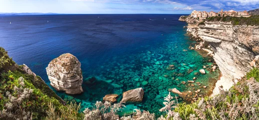 Poster Bonifaccio - splendid coastal town over rocks in south of Corsica island, panoramic view © Freesurf