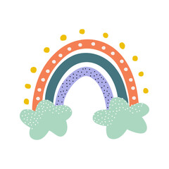 Cute vector rainbow. Baby design for birthday invitation or baby shower, poster, clothing, nursery wall art and postcard.