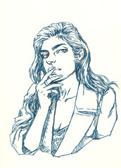 portrait of a woman pen drawing for card illustration background