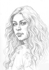 portrait of a girl pencil drawing for illustration card decoration